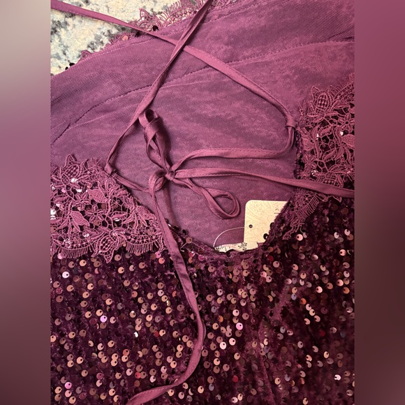 NWT Free People Sequined & Lace Spaghetti Strap Dress in Deep Plum - Picture 7 of 7